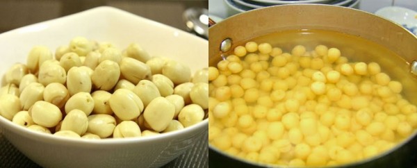 Chè hạt sen - rửa sạch hạt sen nhiều lần với nước lạnh và đặt lên trên bếp đun cho mền hạt sen